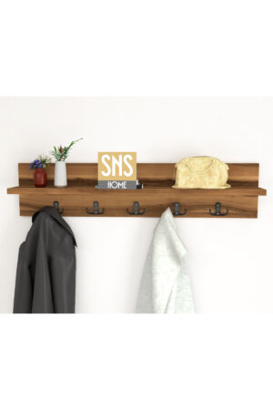 Kapstok - Wandhanger - Wandkapstok - Hanger - Wandplank - Modern Stijl Kapstok - Natuurlijk Hout - Metalen Haak Hanger - MDF Okkernoot - 80 cm - 5x2 Haken - Afbeelding 21
