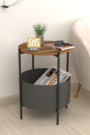 SNS Home - Salontafel - Salontafel met Grote Tas - Krantenhouder - Boekenplank - Bloempot - Bijzettafel met Opbergruimte - Okkernoot - Rond - 60x43x43 - Afbeelding 18