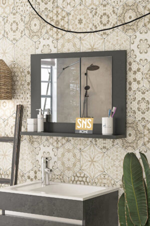 SNS Home / 60 x 45 cm / Modena Badkamerplank / Wastafelplank / Plank met Spiegel / Badkamerspiegel / Antraciet - Afbeelding 14