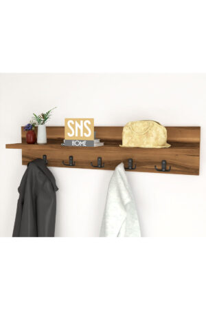 Kapstok - Wandhanger - Wandkapstok - Hanger - Wandplank - Modern Stijl Kapstok - Natuurlijk Hout - Metalen Haak Hanger - MDF Okkernoot - 80 cm - 5x2 Haken - Afbeelding 25