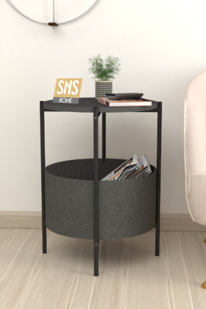 SNS Home - Salontafel - Salontafel met Grote Tas - Krantenhouder - Boekenplank - Bloempot - Bijzettafel met Opbergruimte - Antraciet - Rond - 60x43x43 - Afbeelding 16