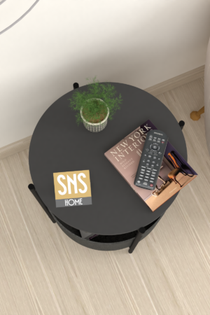 SNS Home - Salontafel - Salontafel met Grote Tas - Krantenhouder - Boekenplank - Bloempot - Bijzettafel met Opbergruimte - Antraciet - Rond - 60x43x43 - Afbeelding 17