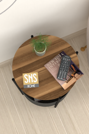 SNS Home - Salontafel - Salontafel met Grote Tas - Krantenhouder - Boekenplank - Bloempot - Bijzettafel met Opbergruimte - Okkernoot - Rond - 60x43x43 - Afbeelding 20