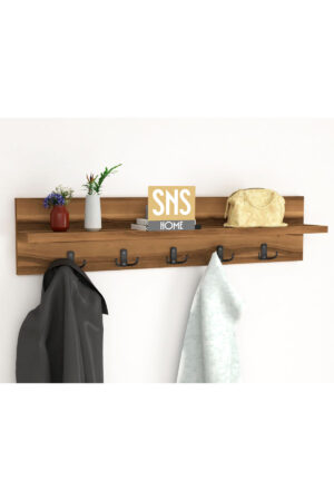 Kapstok - Wandhanger - Wandkapstok - Hanger - Wandplank - Modern Stijl Kapstok - Natuurlijk Hout - Metalen Haak Hanger - MDF Okkernoot - 80 cm - 5x2 Haken - Afbeelding 23