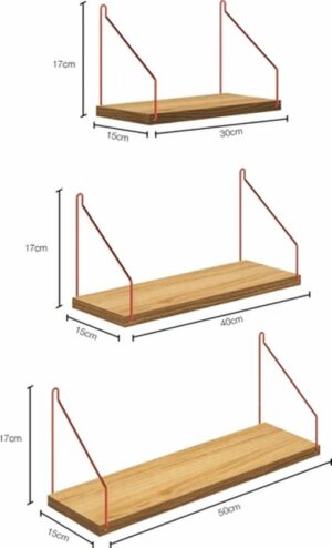 SNS - Hangende Wandplank - 3-Set Boekenkast - 3-Set Wandplank - Keuken Badkamer Woongedeelte - 50X17X15 cm - Grenen - Afbeelding 9