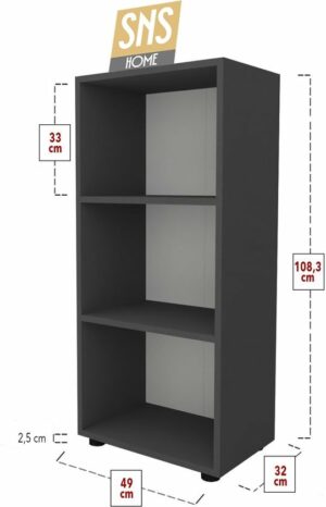SNS Home, Prismakast met 3 Planken, Boekenkast met 3 Planken, Kantoorkast, De Map, Multifunctionele Kast, Keukenkast, Antraciet, 108,3 x 49 x 32 cm - Afbeelding 3