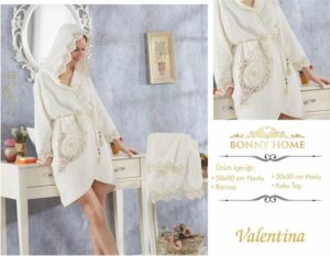 Golden Home Badjas Set - Bruid Badjas - Huwelijksreis Badjas - Dagelijkse Badjas - Luxe Badjas - Katoen Badjas - Valentina Creme - Afbeelding 7