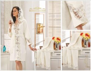 Golden Home Badjas Set - Bruid Badjas - Huwelijksreis Badjas - Dagelijkse Badjas - Luxe Badjas - Katoen Badjas - Roza Cream - Moederdag - Afbeelding 4