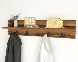 Kapstok - Wandhanger - Wandkapstok - Hanger - Wandplank - Modern Stijl Kapstok - Natuurlijk Hout - Metalen Haak Hanger - MDF Okkernoot - 80 cm - 5x2 Haken - Afbeelding 26