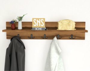 Kapstok - Wandhanger - Wandkapstok - Hanger - Wandplank - Modern Stijl Kapstok - Natuurlijk Hout - Metalen Haak Hanger - MDF Okkernoot - 80 cm - 5x2 Haken - Afbeelding 32
