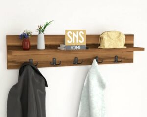 Kapstok - Wandhanger - Wandkapstok - Hanger - Wandplank - Modern Stijl Kapstok - Natuurlijk Hout - Metalen Haak Hanger - MDF Okkernoot - 80 cm - 5x2 Haken - Afbeelding 29