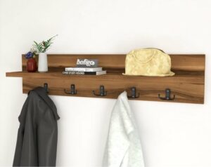 Kapstok - Wandhanger - Wandkapstok - Hanger - Wandplank - Modern Stijl Kapstok - Natuurlijk Hout - Metalen Haak Hanger - MDF Okkernoot - 80 cm - 5x2 Haken - Afbeelding 7
