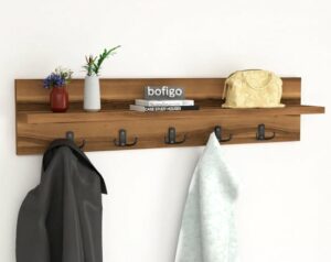 Kapstok - Wandhanger - Wandkapstok - Hanger - Wandplank - Modern Stijl Kapstok - Natuurlijk Hout - Metalen Haak Hanger - MDF Okkernoot - 80 cm - 5x2 Haken - Afbeelding 11