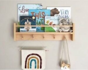 Natuurlijk Houten Montessori Hangerrek - Kinderbabykamerhanger - Wandplank Zijkant Open en Enkele Plank - Hangerrek met 2 Planken - 50 cm - 5 Haken - Afbeelding 9