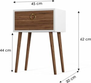 Angel nachtkastje en dressoir - Nachtkastje industrieel - Dressoir met lades - Console - Dressoir - Nachtkastje met houten poten - Ladekast met gouden handvatten - 62 x 45 cm - Wit en Okkernoot - Afbeelding 6