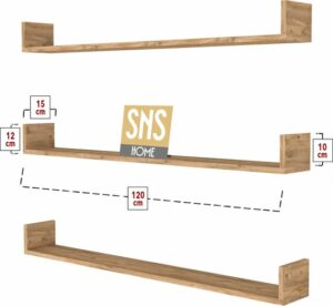 SNS Home, 16-01, Fotolijst en Boekenplank, Wandplankenset Bestaande Uit 3 Zwevende Planken, Tv-Plank, Vliegende Plank, Boekenplank, 120 x 15 x 12 cm, Moderne Plank Voor Objecten, 3 Stuks, Pijnboom - Afbeelding 3