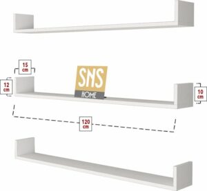 SNS Home, 16-01, Fotolijst en Boekenplank, Wandplankenset Bestaande Uit 3 Zwevende Planken, Tv-Plank, Vliegende Plank, Boekenplank, 120 x 15 x 12 cm, Moderne Plank Voor Objecten, 3 Stuks, Wit - Afbeelding 4