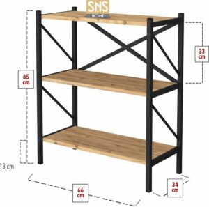 SNS Home - Decoratieve Boekenkast met 3 Planken - Metalen Boekenkast - 66 x 34 x 85 cm - Pijnboom - Afbeelding 4