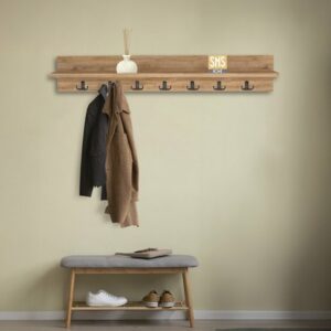 Kapstok 106 cm - Wandkapstok - Wandplank - Muur Hanger - Modern Stijl Kapstok - Natuurlijk Hout - Houten Kleerhanger - MDF Pijnboom - 7x2 Haken - 106 cm - Afbeelding 3