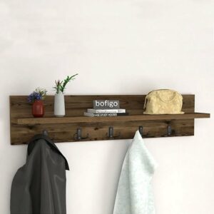 Kapstok - Wandkapstok - Wandplank - Muur Hanger - Modern Stijl Kapstok - Natuurlijk Hout - 5x2 Houten Kleerhanger - Lidia/Bruin - 80 cm - Afbeelding 9