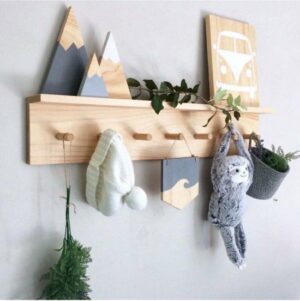 Wandhanger met Houten Planken - Kinderkamer met 2 Planken - 12 Haken - 70cm en 50cm - Diepte 10cm - Afbeelding 4