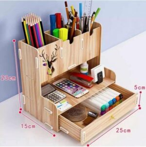 Notpa - Desktop Penhouder met Lade - 3 Sectie Tafelblad Organisator - Herten Patroon Organisator - Houten Bureau Organisator - Houten Organisator - Afbeelding 10