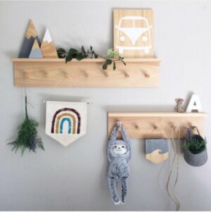 Wandhanger met Houten Planken - Kinderkamer met 2 Planken - 12 Haken - 70cm en 50cm - Diepte 10cm - Afbeelding 3