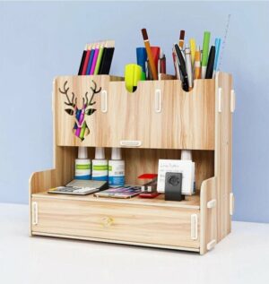 Notpa - Desktop Penhouder met Lade - 3 Sectie Tafelblad Organisator - Herten Patroon Organisator - Houten Bureau Organisator - Houten Organisator - Afbeelding 7