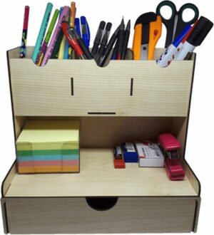 Cansares - Houten Desktop Pennenhouder - Paperclip Houder - Met lade - 4 vakken - Office Desk Organizer - Archivering Organizer - 23x15x23cm - Afbeelding 13