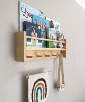 Natuurlijk Houten Montessori Hangerrek - Kinderbabykamerhanger - Wandplank Zijkant Open en Enkele Plank - Hangerrek met 2 Planken - 50 cm - 5 Haken - Afbeelding 7