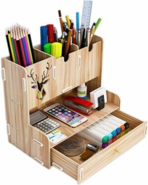 Notpa - Desktop Penhouder met Lade - 3 Sectie Tafelblad Organisator - Herten Patroon Organisator - Houten Bureau Organisator - Houten Organisator - Afbeelding 5