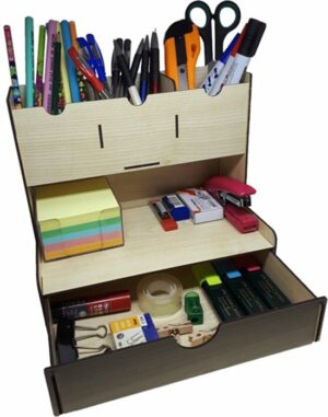 Cansares - Houten Desktop Pennenhouder - Paperclip Houder - Met lade - 4 vakken - Office Desk Organizer - Archivering Organizer - 23x15x23cm - Afbeelding 15