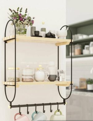 Keukenplank - Kopjesrek - Koffiekopje Mokhanger - Keukenorganizer - 6 Haken - Houten Plankorganisator - Natuurlijke Pijn - Natuurlijke Planken Met Grill - Afbeelding 7