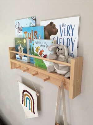 Natuurlijk Houten Montessori Hangerrek - Kinderbabykamerhanger - Wandplank Zijkant Open en Enkele Plank - Hangerrek met 2 Planken - 50 cm - 5 Haken - Afbeelding 8