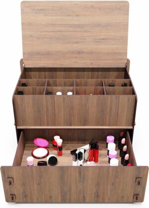 KUK Design - Lean Organizer met Lade - Houten Juwelendoos met 10 Ogen - Make-uptafel - Make-up Organizer - Sieraden Organizer - walnoot - Afbeelding 19