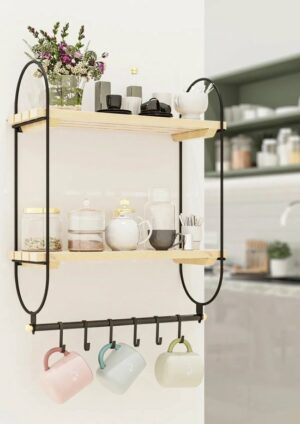 Keukenplank - Kopjesrek - Koffiekopje Mokhanger - Keukenorganizer - 6 Haken - Houten Plankorganisator - Natuurlijke Pijn - Natuurlijke Planken Met Grill - Afbeelding 4