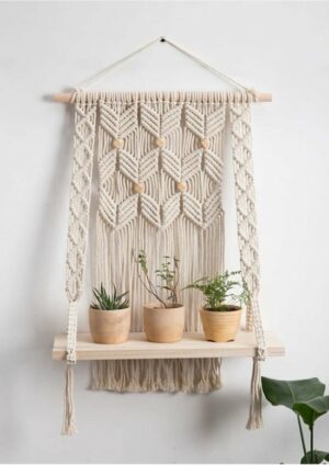 Bela Arte, muur decoratie, Ecru, macramé wanddecoratie, macramé wandplank, macramé bloempot, 80 x 50 cm - Afbeelding 3