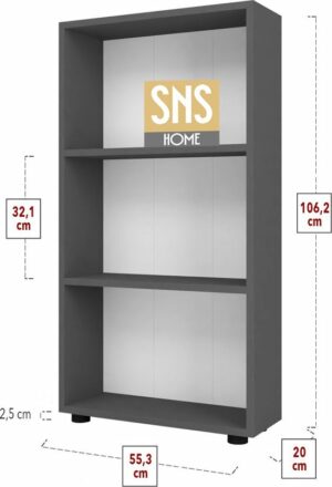 SNS Home - Boekenkast/ Rek - Antraciet - 56 cm Breed - Decoratieve Boekenplank met 3 Planken - Moderne Boekenkast - Afbeelding 4