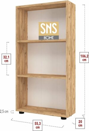SNS Home - Boekenkast/ Rek - Pijnboom - 56 cm Breed - Decoratieve Boekenplank met 3 Planken - Moderne Boekenkast - Afbeelding 4