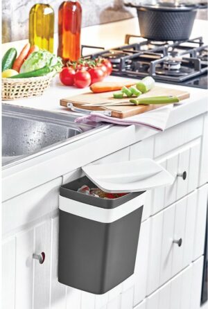 Doreline - Ophangbare Prullenbak met Deksel - Kunststof Prullenbak - Keuken Prullenbak - 4 liter - Grijs Wit - 17 x 13 x 21 cm - Afbeelding 8