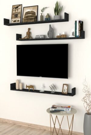 SNS Home, 16-01, Fotolijst en Boekenplank, Wandplankenset Bestaande Uit 3 Zwevende Planken, Tv-Plank, Vliegende Plank, Boekenplank, 120 x 15 x 12 cm, Moderne Plank Voor Objecten, 3 Stuks, Bendir/Marmer - Afbeelding 6