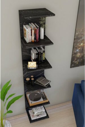 Wandmontage Boekenkast - Wandplank - Decoratieve Plank - Esthetisch Ontwerp - Zwart en Marmer - 180 x 35 x 30 cm - 6 Planken - Afbeelding 4