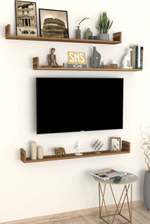 SNS Home, 16-01, Fotolijst en Boekenplank, Wandplankenset Bestaande Uit 3 Zwevende Planken, Tv-Plank, Vliegende Plank, Boekenplank, 120 x 15 x 12 cm, Moderne Plank Voor Objecten, 3 Stuks, Okkernoot - Afbeelding 3