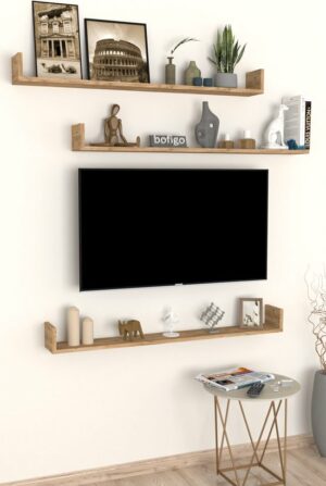 SNS Home, 16-01, Fotolijst en Boekenplank, Wandplankenset Bestaande Uit 3 Zwevende Planken, Tv-Plank, Vliegende Plank, Boekenplank, 120 x 15 x 12 cm, Moderne Plank Voor Objecten, 3 Stuks, Pijnboom - Afbeelding 6