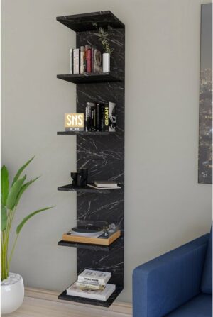 Wandmontage Boekenkast - Wandplank - Decoratieve Plank - Esthetisch Ontwerp - Zwart en Marmer - 180 x 35 x 30 cm - 6 Planken - Afbeelding 3