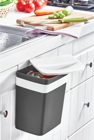 Doreline - Ophangbare Prullenbak met Deksel - Kunststof Prullenbak - Keuken Prullenbak - 4 liter - Grijs Wit - 17 x 13 x 21 cm - Afbeelding 3