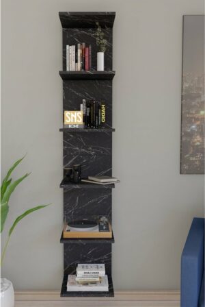 Wandmontage Boekenkast - Wandplank - Decoratieve Plank - Esthetisch Ontwerp - Zwart en Marmer - 180 x 35 x 30 cm - 6 Planken - Afbeelding 7
