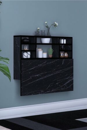 SNS Home - Kardelen Tafel - Draagbare Planktafel - Wandtafel - Inklapbaar - Wandbureau - Inklapbare Wandtafel - Keukentafel - Wandkast - Vouwtafel - Klaptafel - 90x50 cm - Zwart en Marmer - Afbeelding 10