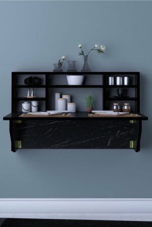 SNS Home - Kardelen Tafel - Draagbare Planktafel - Wandtafel - Inklapbaar - Wandbureau - Inklapbare Wandtafel - Keukentafel - Wandkast - Vouwtafel - Klaptafel - 90x50 cm - Zwart en Marmer - Afbeelding 5