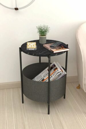 SNS Home - Salontafel - Salontafel met Grote Tas - Krantenhouder - Boekenplank - Bloempot - Bijzettafel met Opbergruimte - Zwart en Marmer - Rond - 60x43x43 - Afbeelding 6